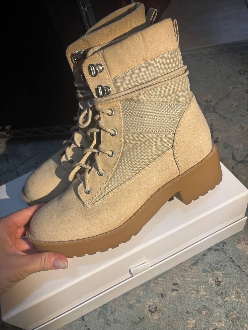 Divided Beige Lace-Up Combat Boots